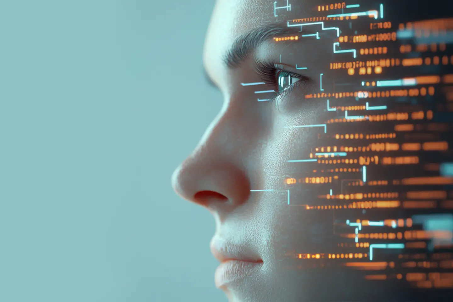 Un rostro futurista con elementos de interfaz digital y protocolos de IA 