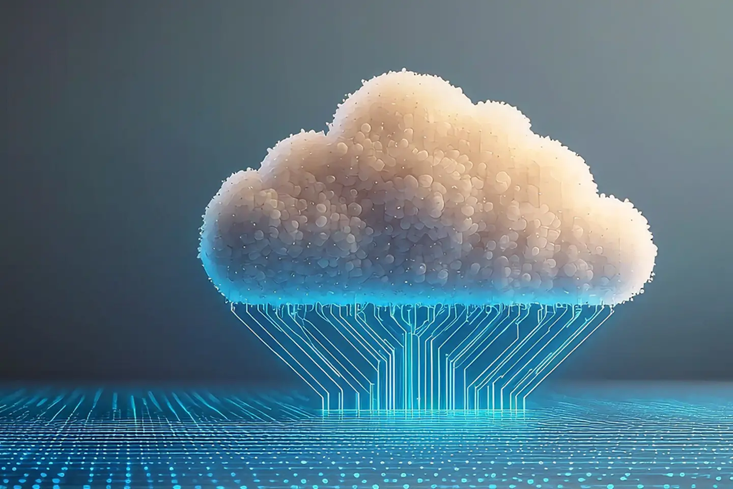 Un nuage numérique assis sur une grille lumineuse