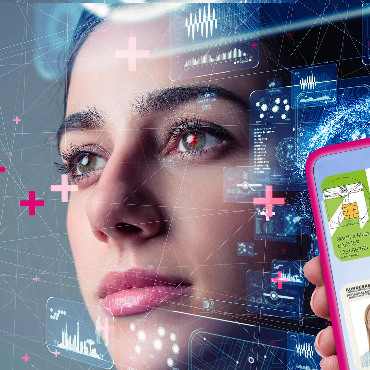Gesicht einer jungen Frau mit einem Handy mit digitaler Gesundheitskarte im Vordergrund