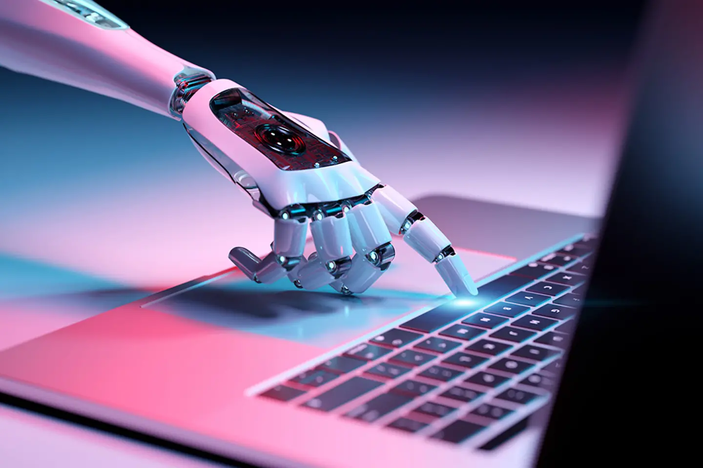 Roboterhand, die eine Tastatur auf einem Laptop drückt