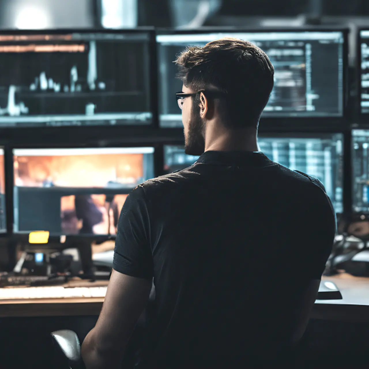 Um desenvolvedor de software trabalha em vários monitores durante o gerenciamento de aplicativos