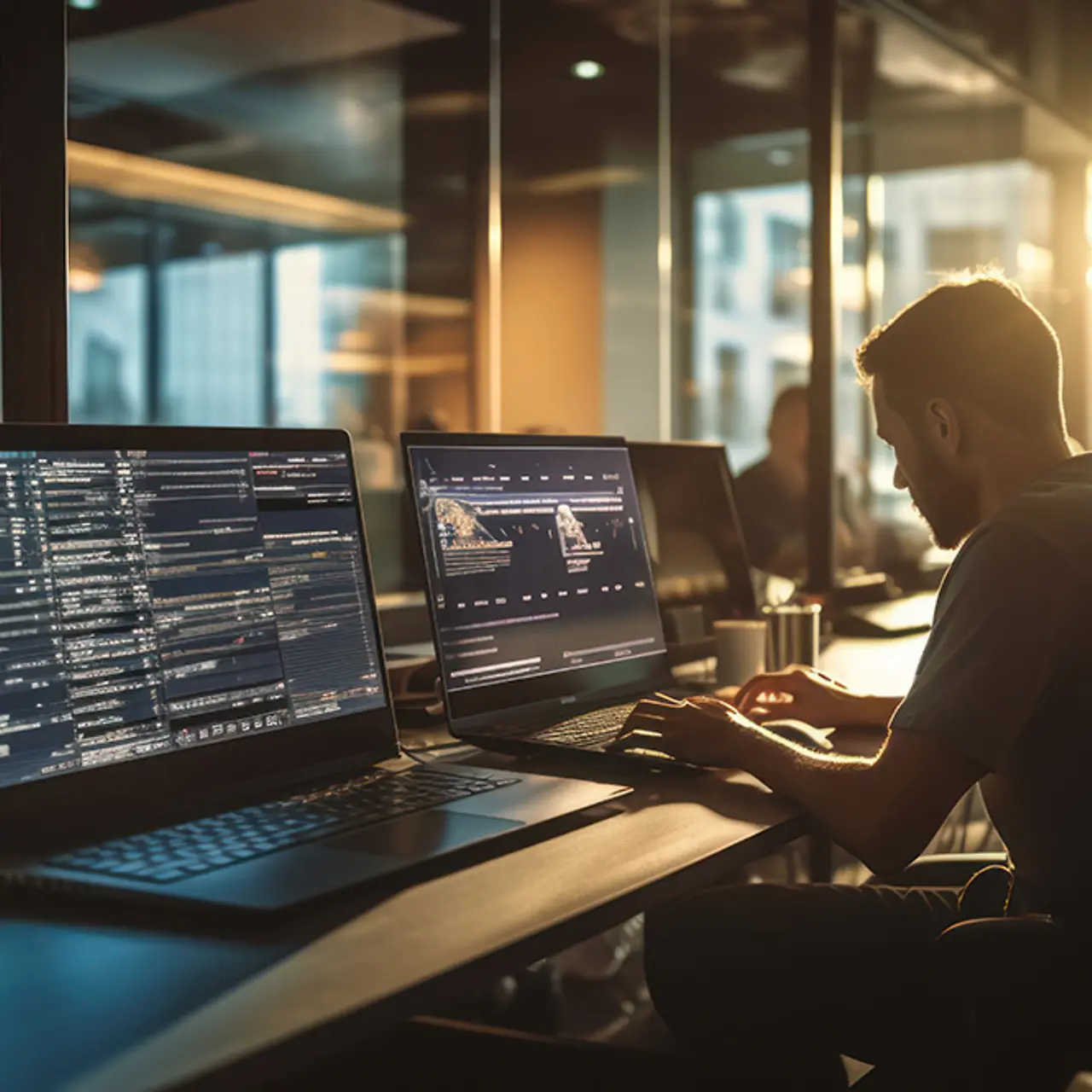 Equipe de desenvolvedores de software que programam, colaboram e testam aplicativos em um ambiente de desenvolvimento moderno