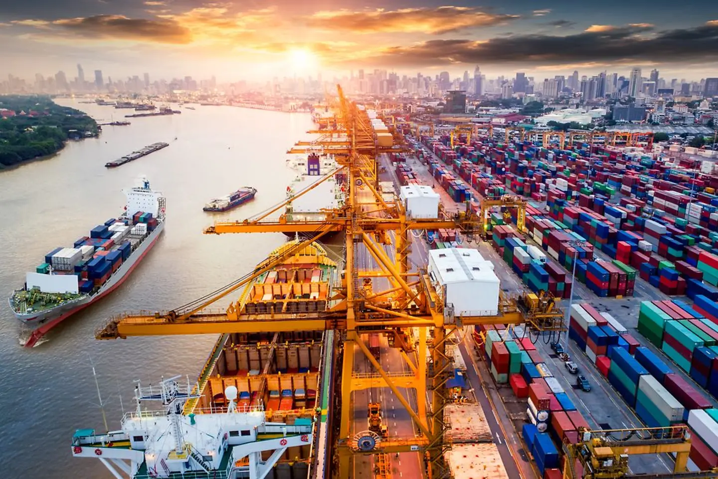 Logistics and transport with container freight ships and freight aircraft