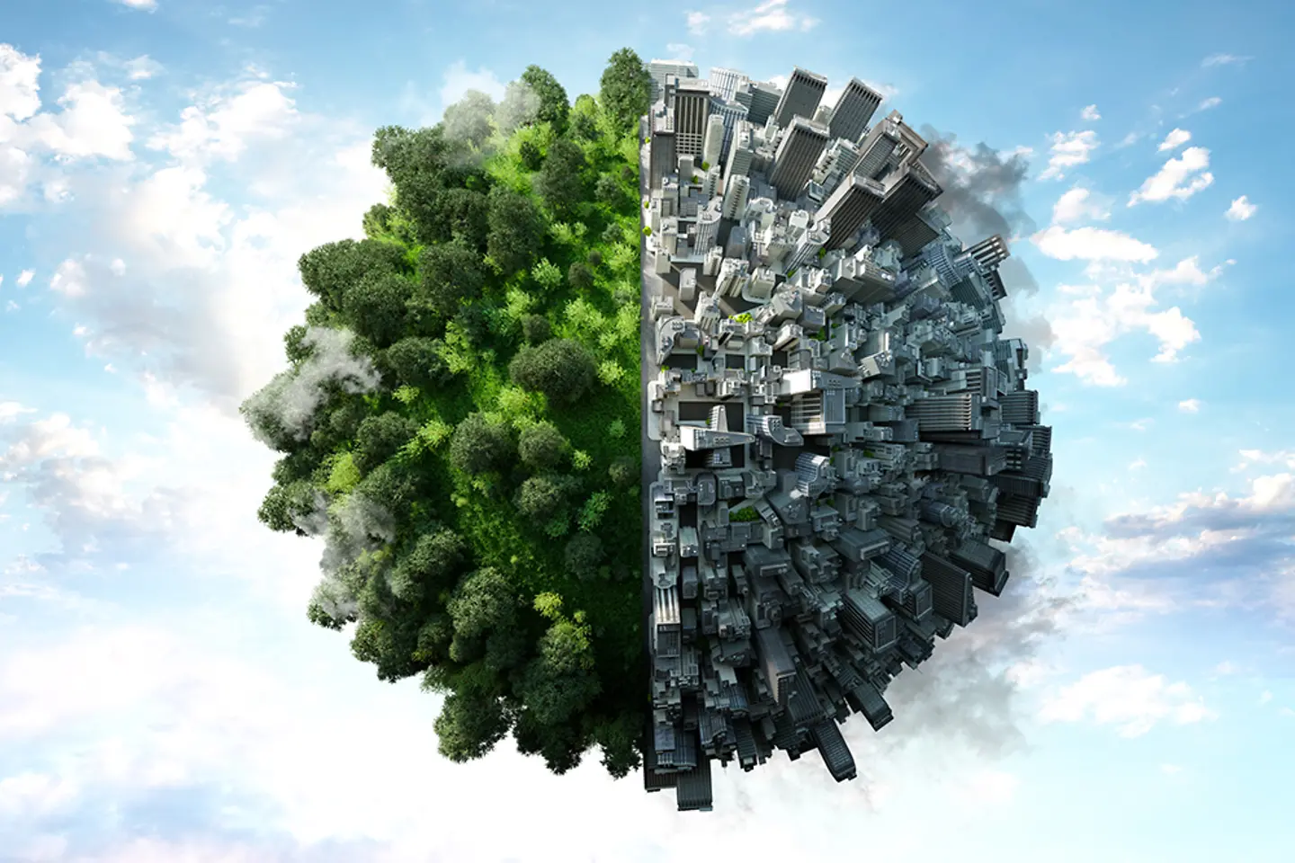 Graphic of a planet half grey city, half green lush forest