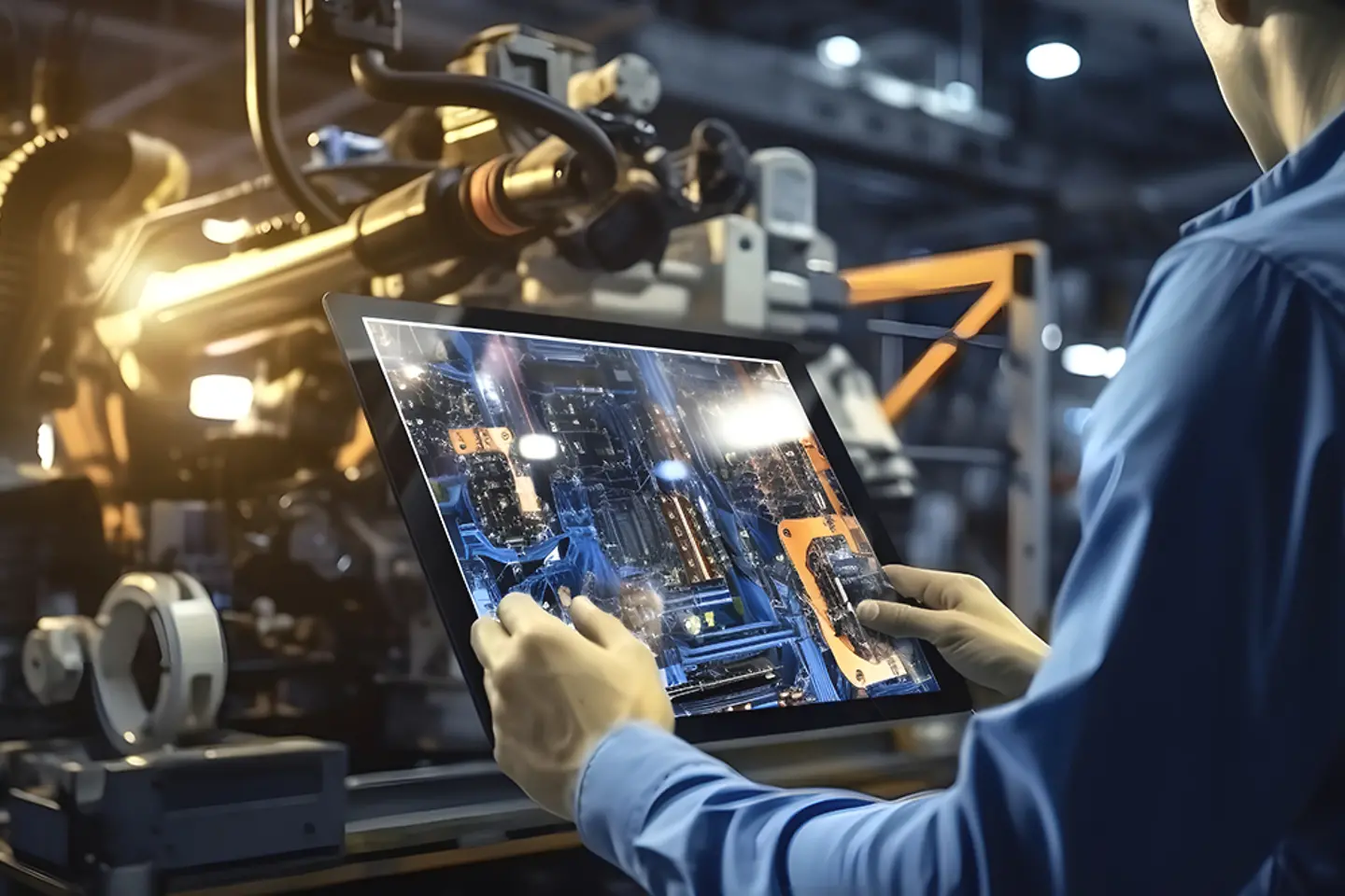 Ingeniero usando una tableta con software para supervisar una máquina en tiempo real