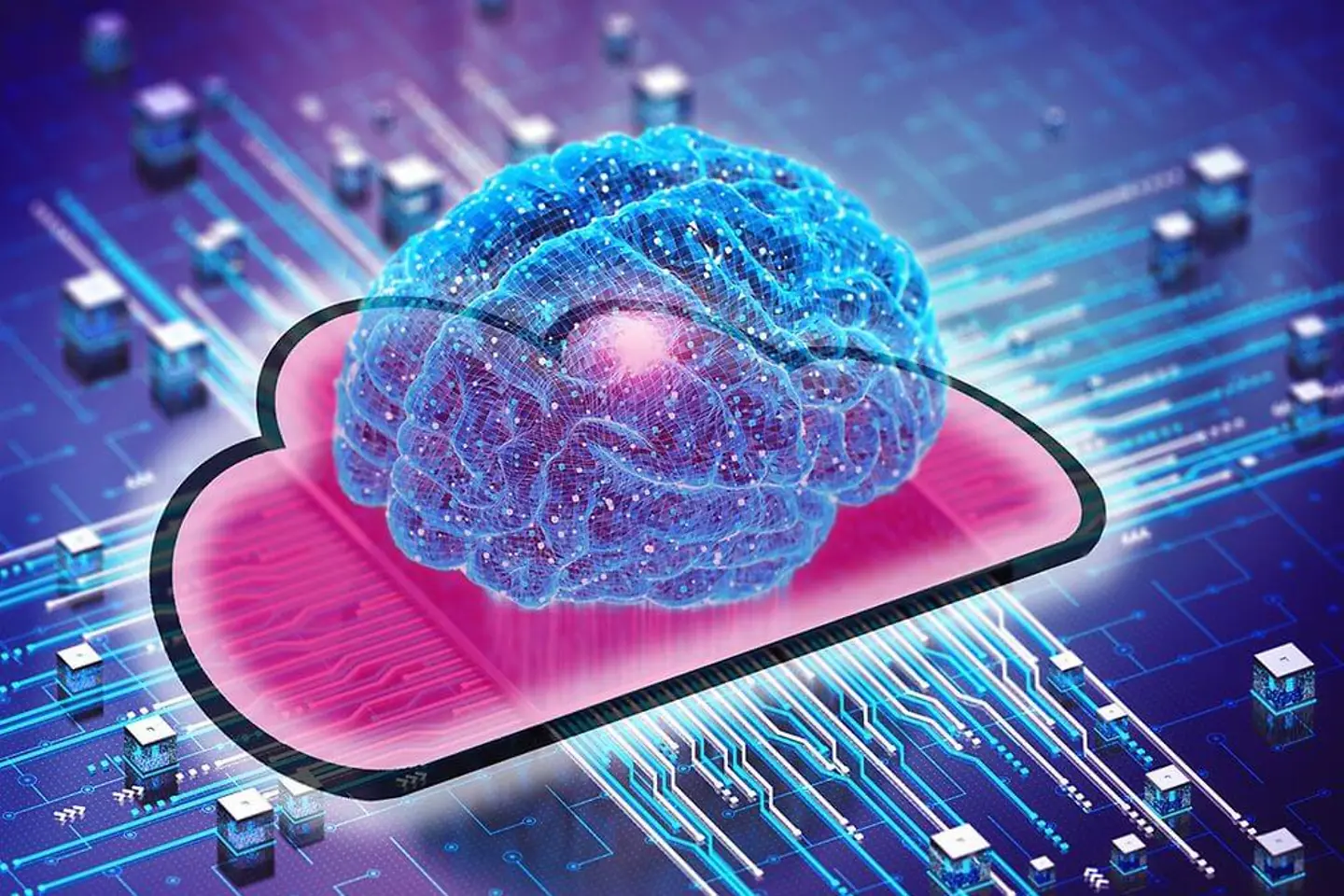 Cerebro digital en una nube esquemática magenta y placa de circuitos