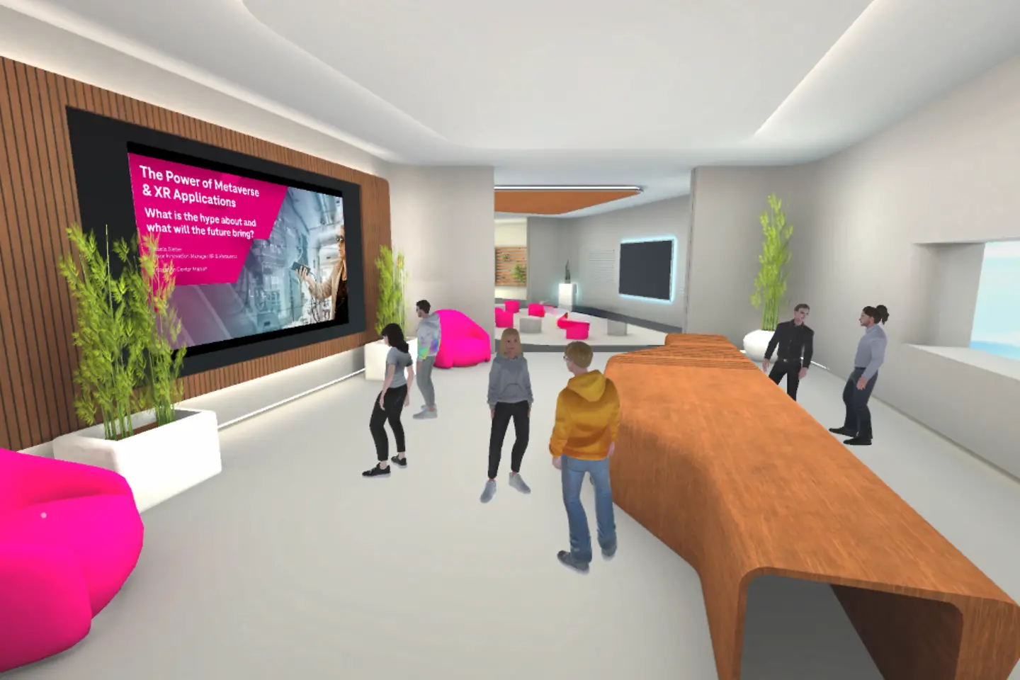 Representación virtual de una sala de reuniones con varios avatares